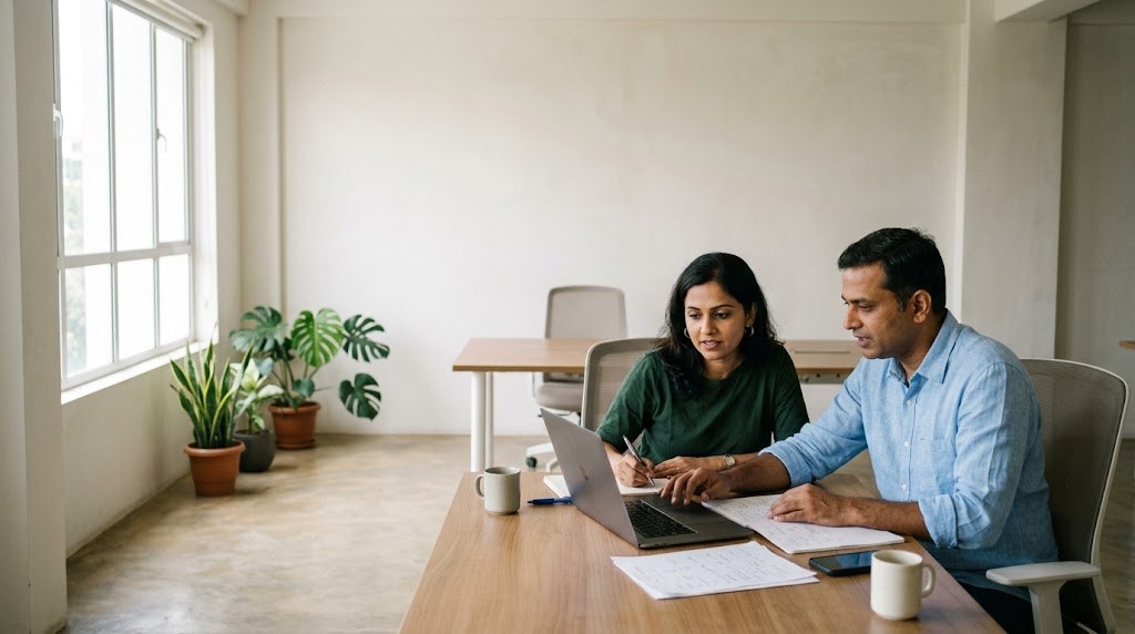 An Indian man and woman in smart casual clothes discuss a plan on a laptop and paper notes at a table in a quiet office (illustrative image)