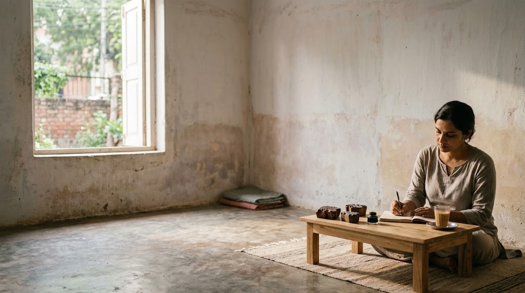An Indian woman in her thirties plans her own play school at a low table in an empty, sunlit ground-floor room (illustrative image)