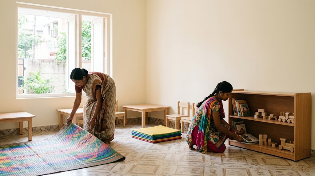 Two Indian women arrange low wooden shelves, floor mats and learning materials in a bright ground-floor room before opening (illustrative image)