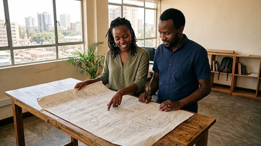 Two co-founders of a small education business go over a hand-drawn plan on a large sheet of paper in a sunlit office (illustrative image)