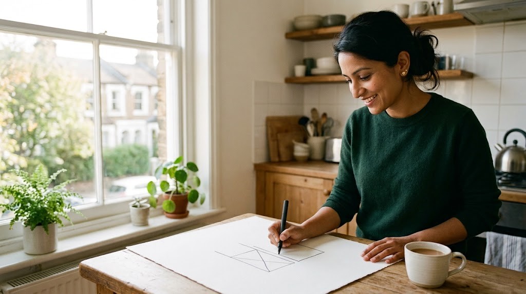 A founder sketches the first plan for her education business on a large sheet of paper at a kitchen table by a window (illustrative image)