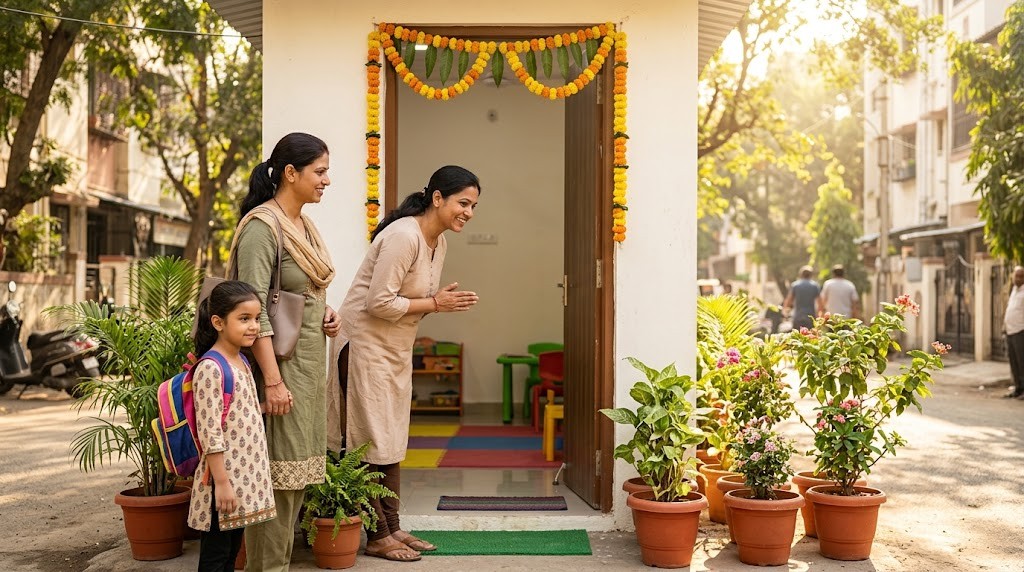 A founder welcomes her first family, a mother and her young daughter, at the flower-decorated doorway of a small new learning center (illustrative image)