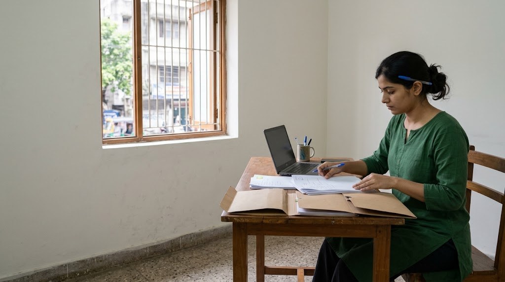 A young Indian woman in a cotton kurta sorts NGO registration papers into folders at a wooden table beside a bright window (illustrative image)