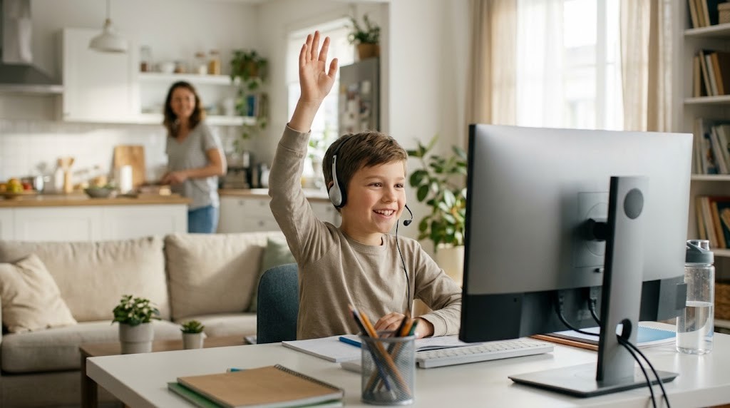A boy wearing a headset raises his hand with a big smile during a live online class at a desk in his family living room (illustrative image)