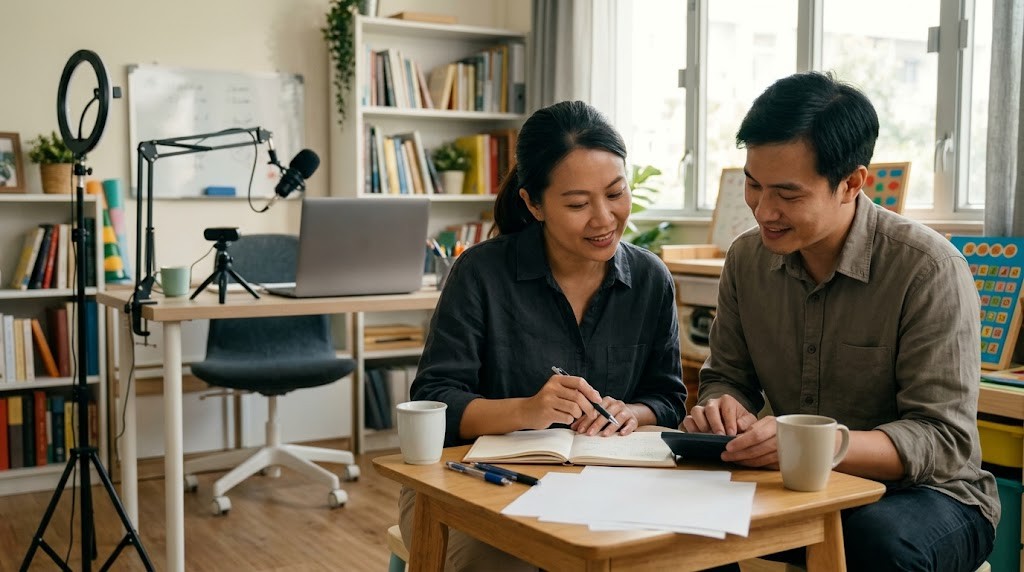 Two colleagues add up costs in a paper notebook beside a small home studio with a microphone, ring light and webcam (illustrative image)