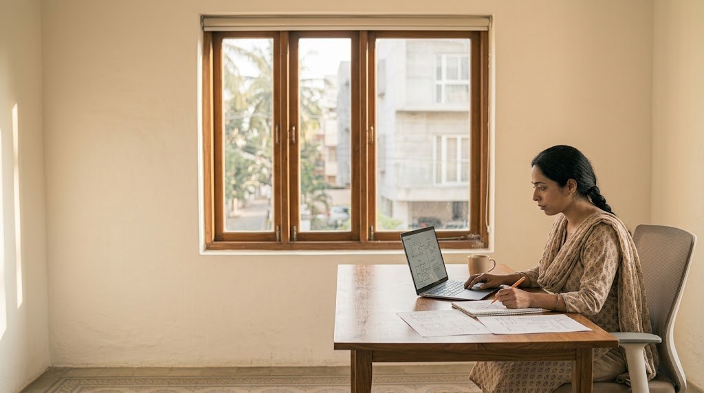 An Indian woman in her late thirties works on a plan at a laptop beside a window in her apartment (illustrative image)