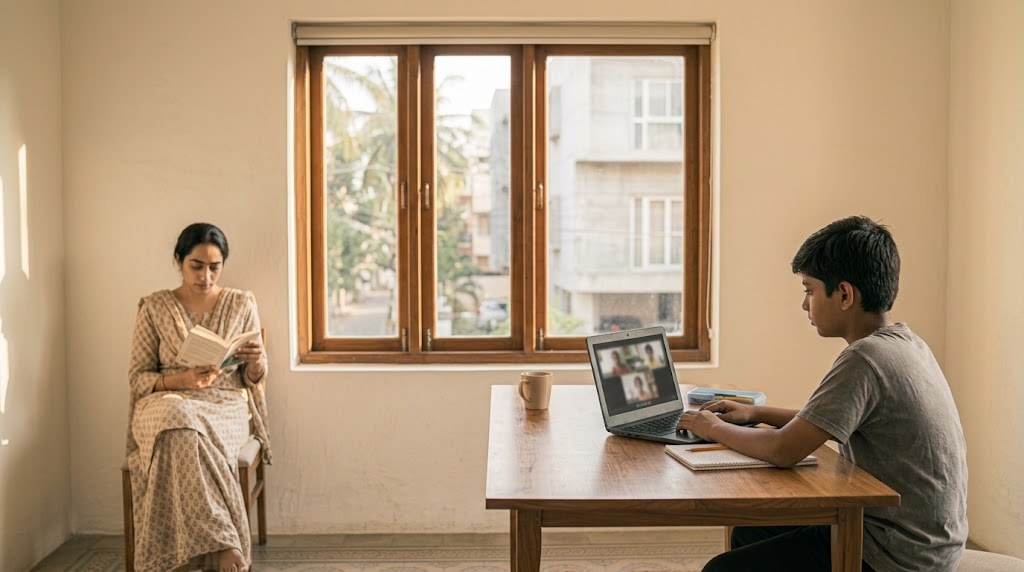 A boy of about twelve takes part in a live online class on a laptop at the dining table while his mother reads nearby (illustrative image)