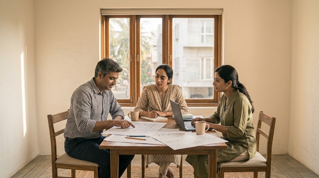 Three Indian founders talk through a printed plan at a small table in a bright, simple office (illustrative image)