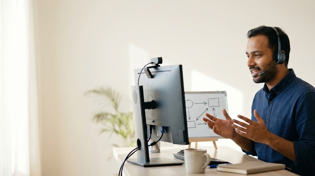 A teacher wearing a headset gestures as he leads a live online class from a home desk with a webcam and a small whiteboard (illustrative image)