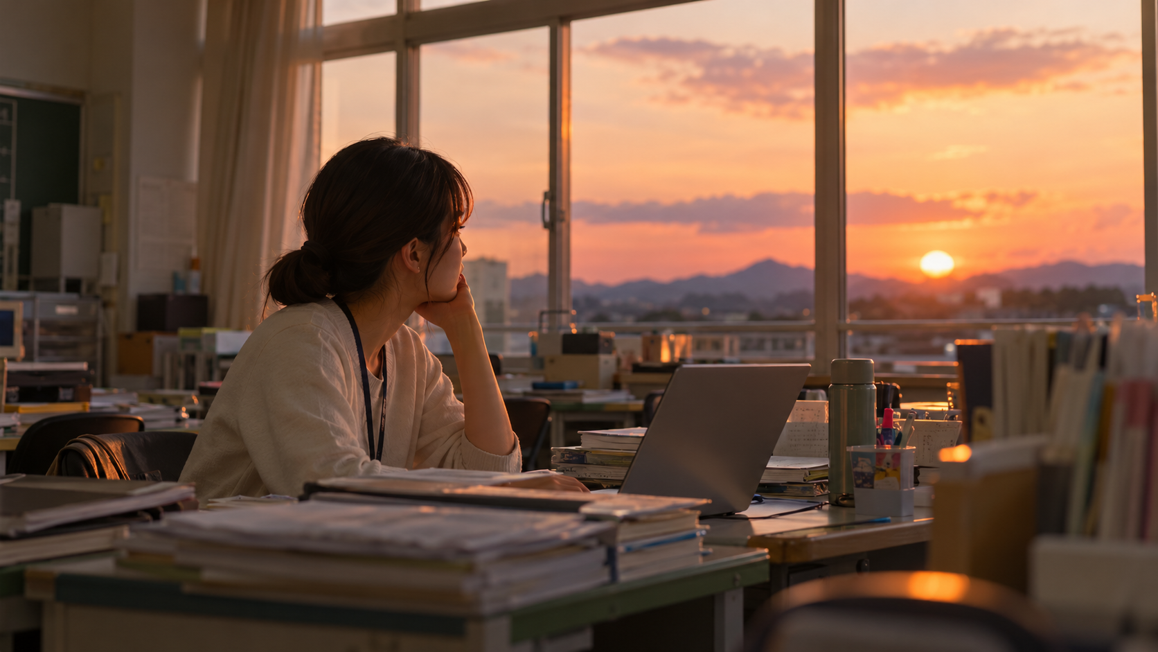 茨城の教員が夕方の職員室で手を止めて考える30代の先生(イメージ)