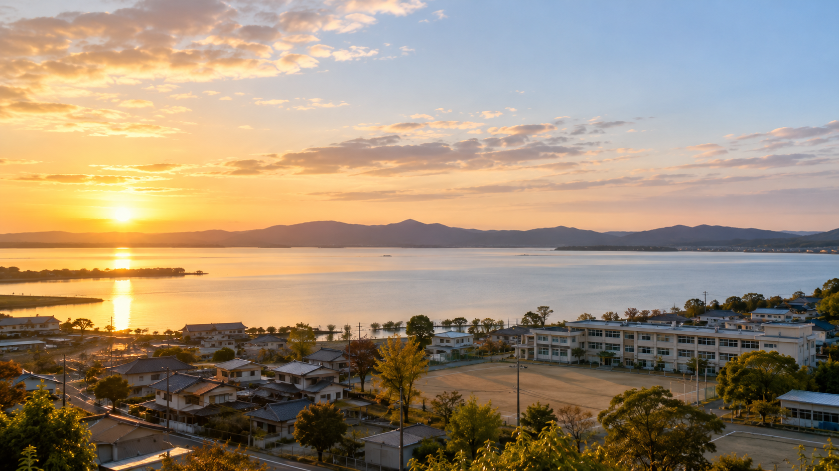 茨城の教員が異動先を考える、湖のほとりの小さな町の朝の景色(イメージ)