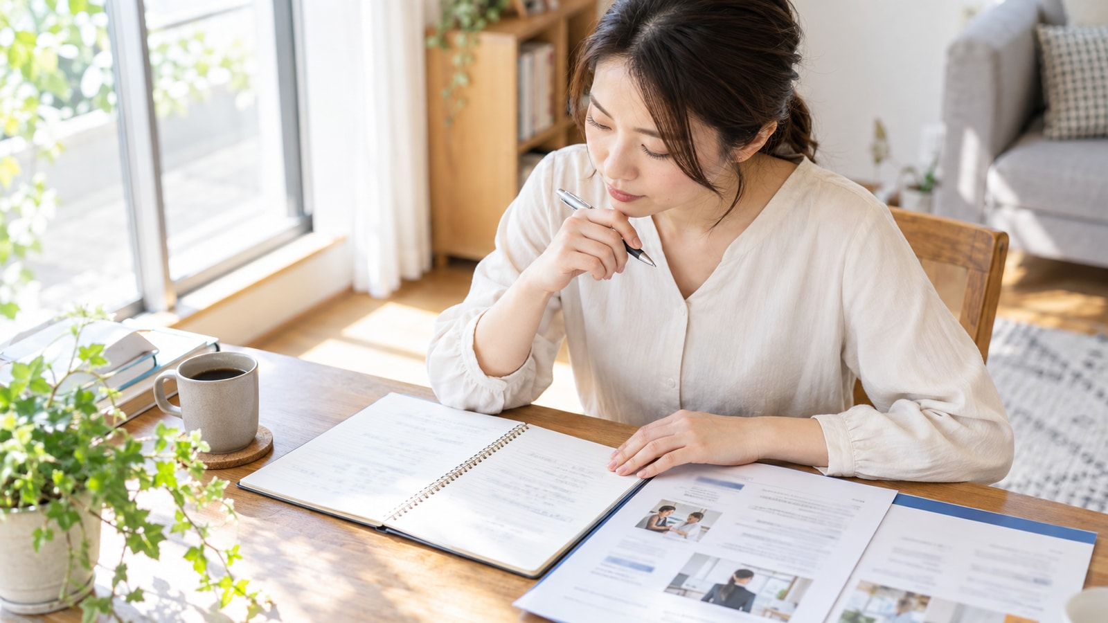 求人資料とノートを見比べ、面接で確認したいことを整理する人