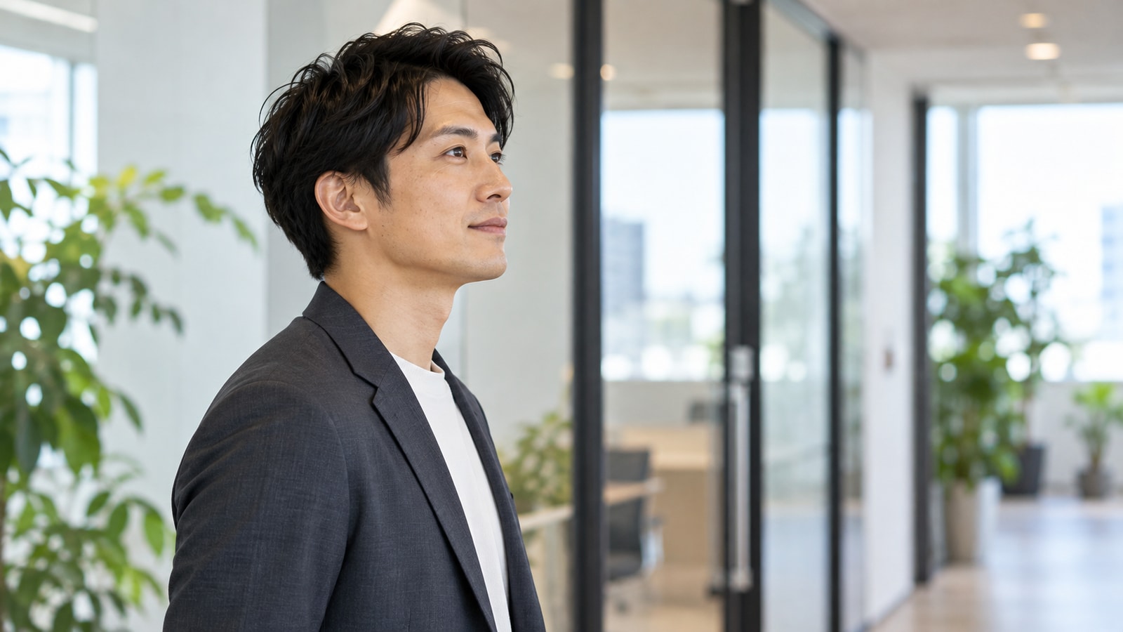 面接室へ入る前に、明るい廊下で落ち着いて待つ人