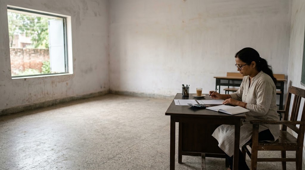 An Indian woman in her forties in a cotton kurta reviews a printed budget at a desk by a window in a quiet school office (illustrative image)