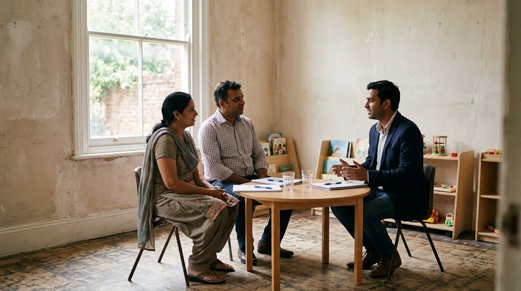 A young Indian school leader in a blazer talks with a mother and father seated at a small round table in a bright, simple learning room (illustrative image)