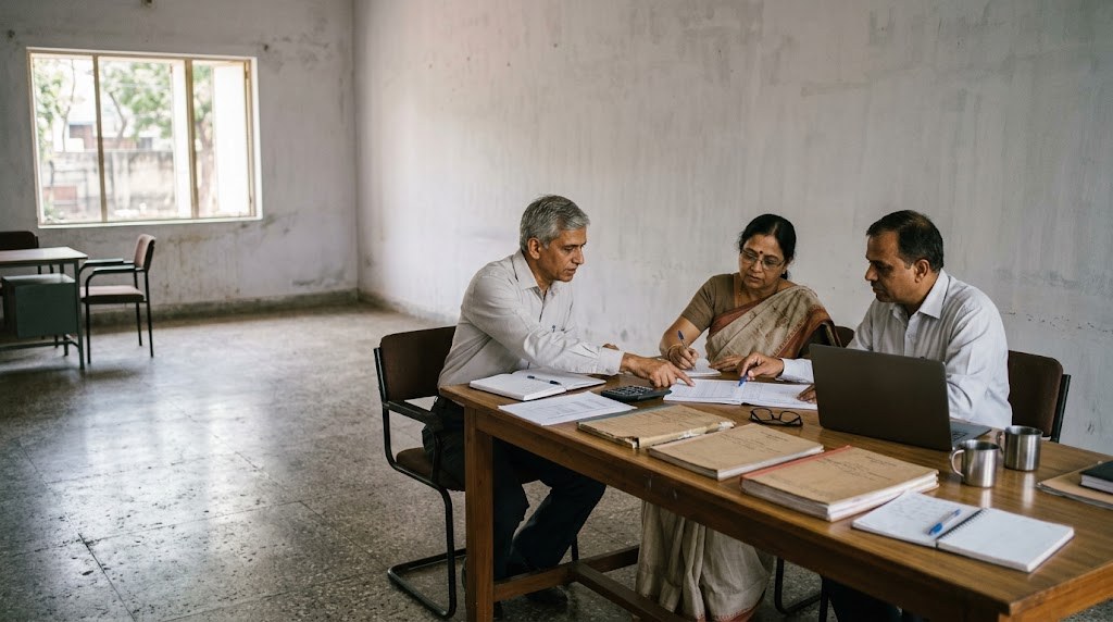 Three Indian trustees in their fifties, two men and a woman, go through account ledgers and a laptop at a long table in a plain meeting room (illustrative image)