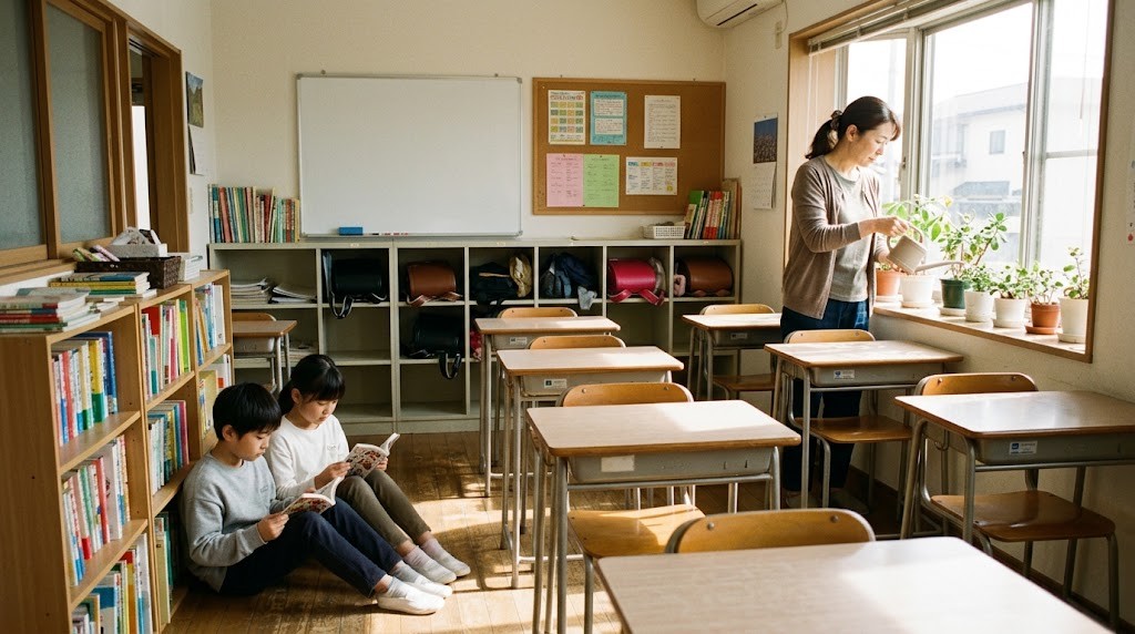 塾の経営が厳しいときの新しい柱として、昼の空いた教室で子どもが本を読み、塾長が窓辺の植物に水をやる場面（イメージ）