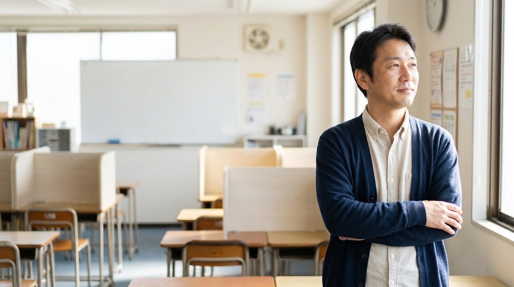塾の経営が厳しいと感じる塾長が、昼間の空いた教室で窓の外を見ながら次の一手を考える場面（イメージ）
