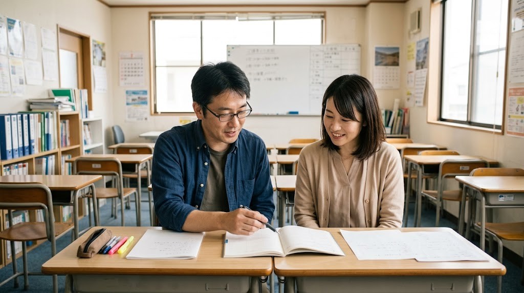 塾の経営が厳しい状況を見直すため、塾長とスタッフが教室の机でノートを開いて計画を確かめ合う場面（イメージ）