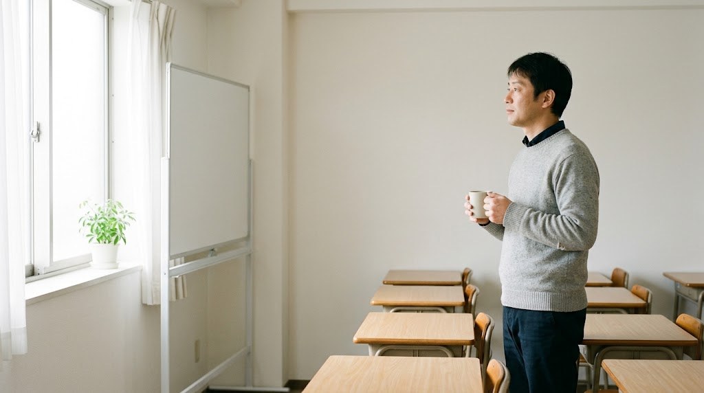 塾の新規事業を考えながら、平日の昼に空いている学習塾の教室で窓の外を見る教室長(イメージ)