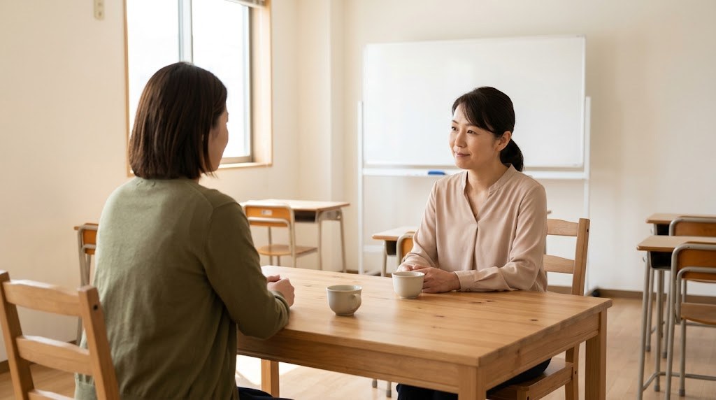 塾に事業を追加する前に、昼の教室で保護者の話をていねいに聞く教室長(イメージ)