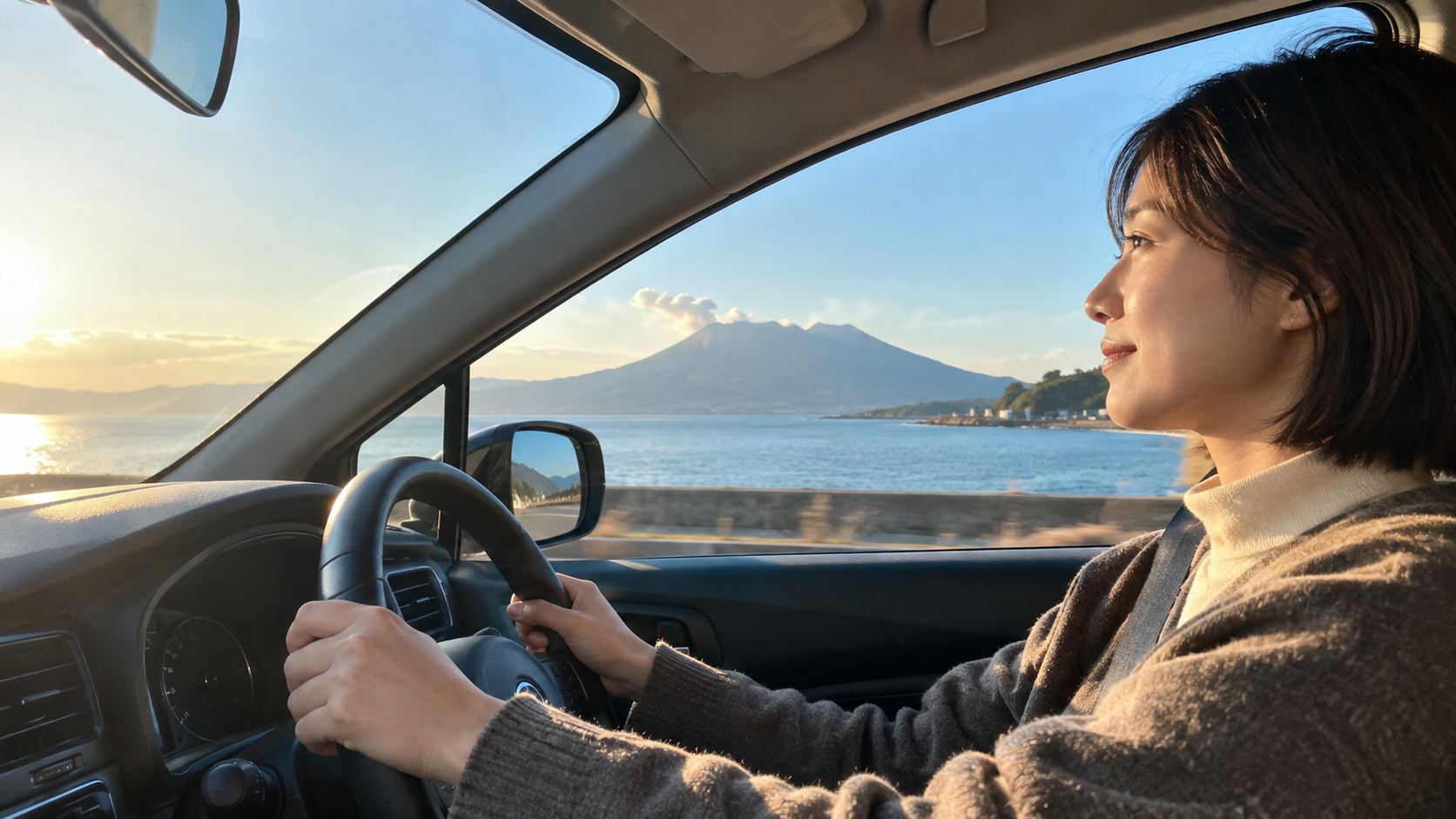 鹿児島の教員が朝、海沿いの道を車で学校へ向かう30代の先生（イメージ）
