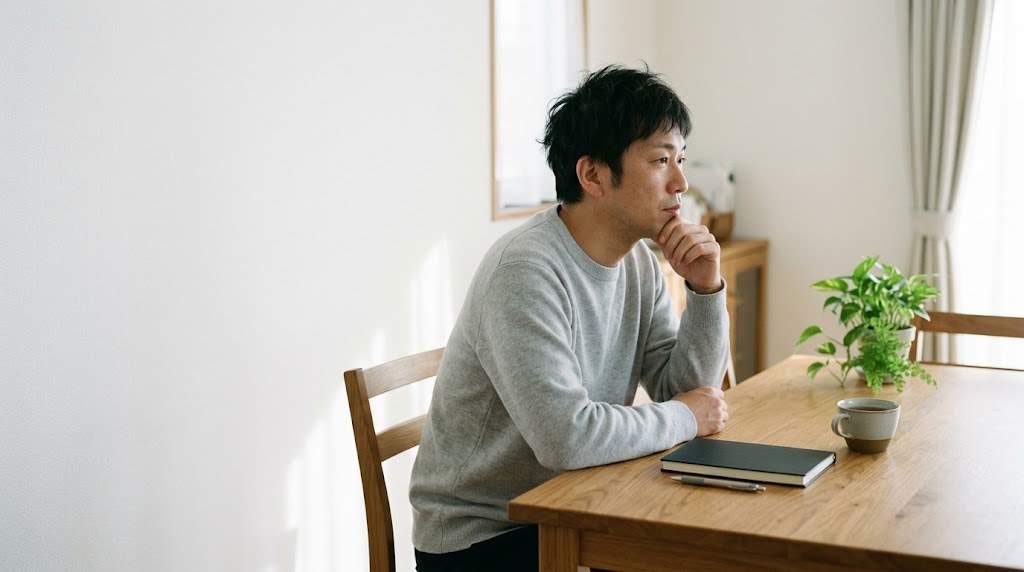 公民館で教室を開くか、ほかの場所にするかを、自宅のテーブルでノートを前に考える男性(イメージ)