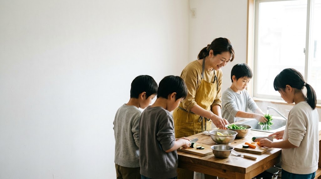公民館ではなく自分の教室で、平日の昼に子どもたちと料理をする教室長の様子(イメージ)