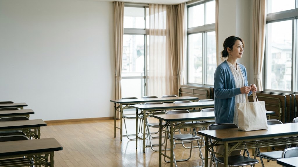公民館で教室を開くことを考えながら、平日の昼の空いた集会室に立つ女性(イメージ)