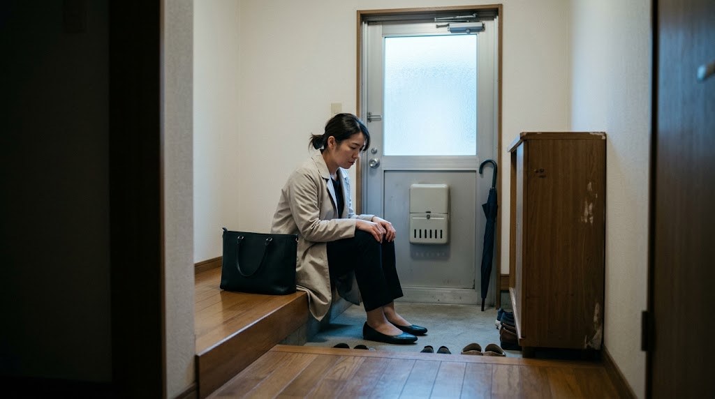 教員免許を活かす転職を考え始めた先生が、朝の玄関で靴をはいたまま立ち上がれずにいる場面（イメージ）