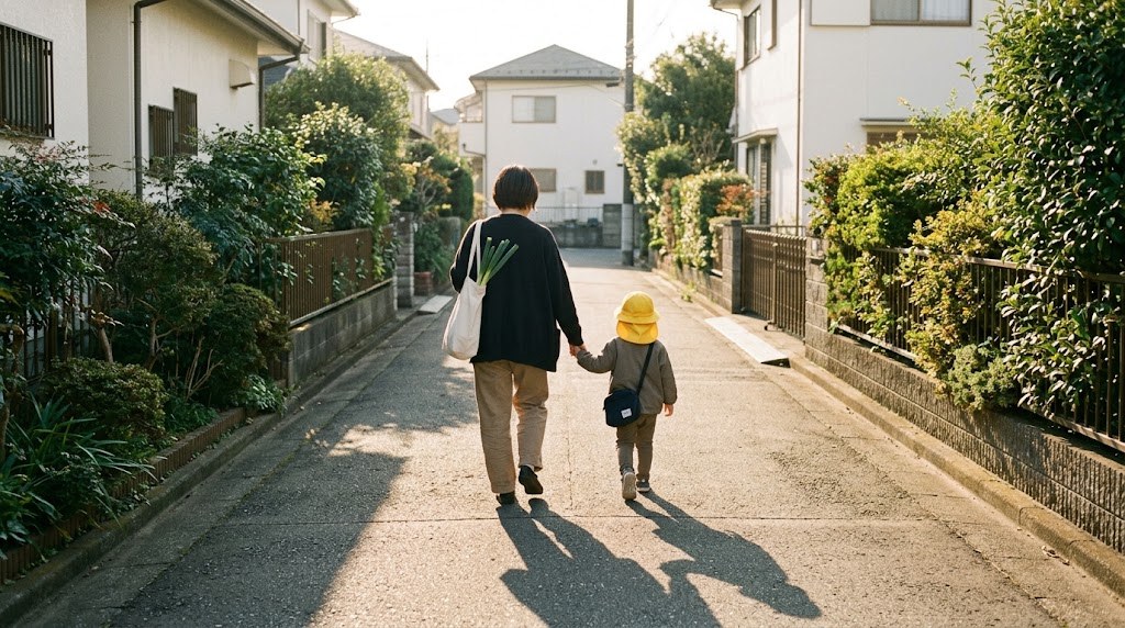 教員免許を活かす転職で働き方が変わり、夕方に子どもと手をつないで住宅街を歩く先生の後ろ姿の場面（イメージ）