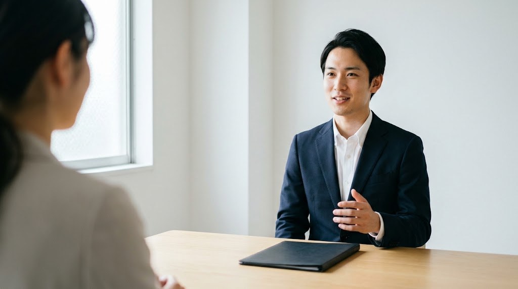 教員の転職で自分のスキルを言葉にして伝える、面談の席で話す若い男性の場面（イメージ）