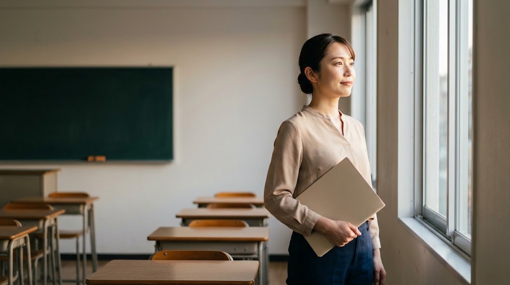 教員から転職するときのスキルを思い返す放課後、教室の窓辺に立つ若い女性の先生（イメージ）