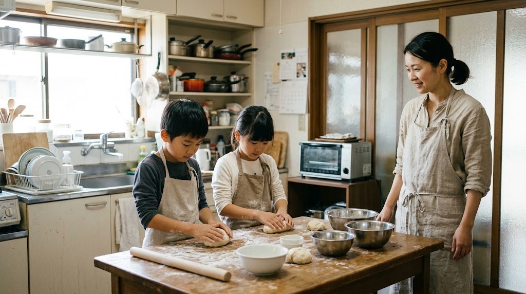 教室の空き時間を活用した昼のフリースクールで、料理教室の台所に立つ子どもと教室長(イメージ)