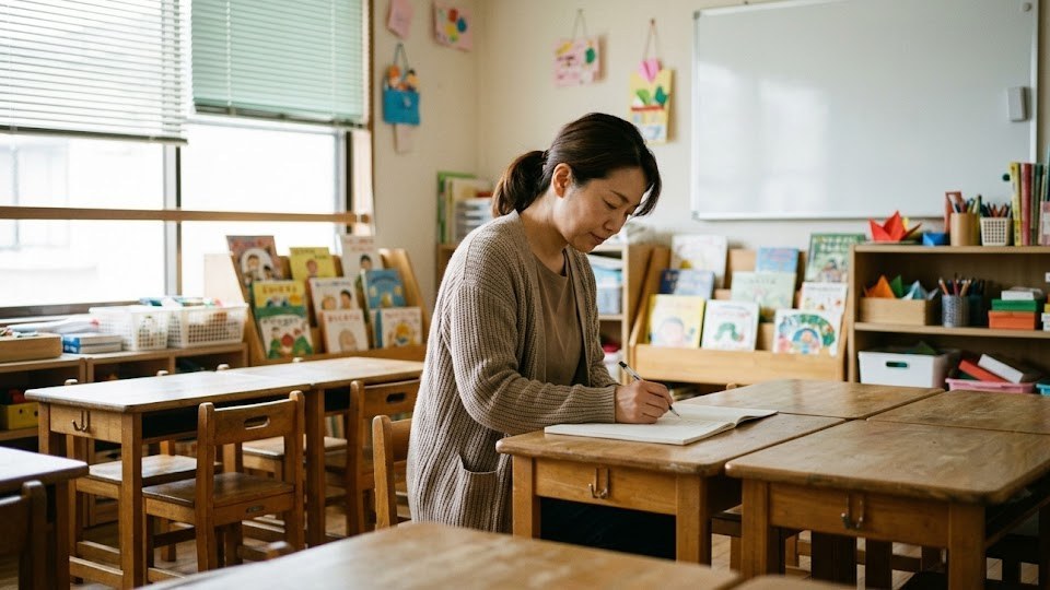 教室の空き時間を活用する前に、平日の午前のだれもいない習い事教室で予定表を書く先生(イメージ)