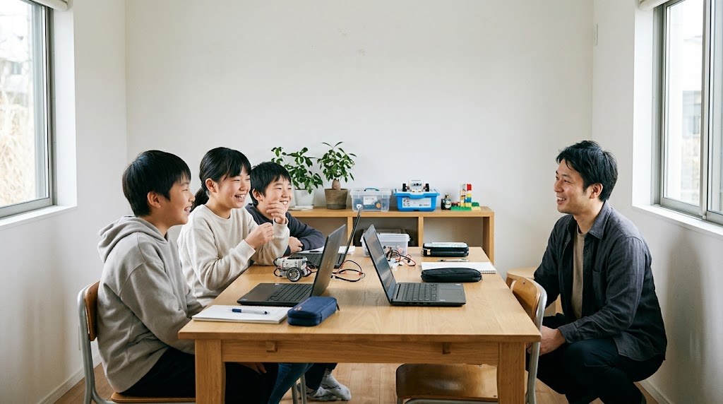 空き教室の活用例として、平日の昼のプログラミング教室でノートパソコンを囲む小学生と大人(イメージ)