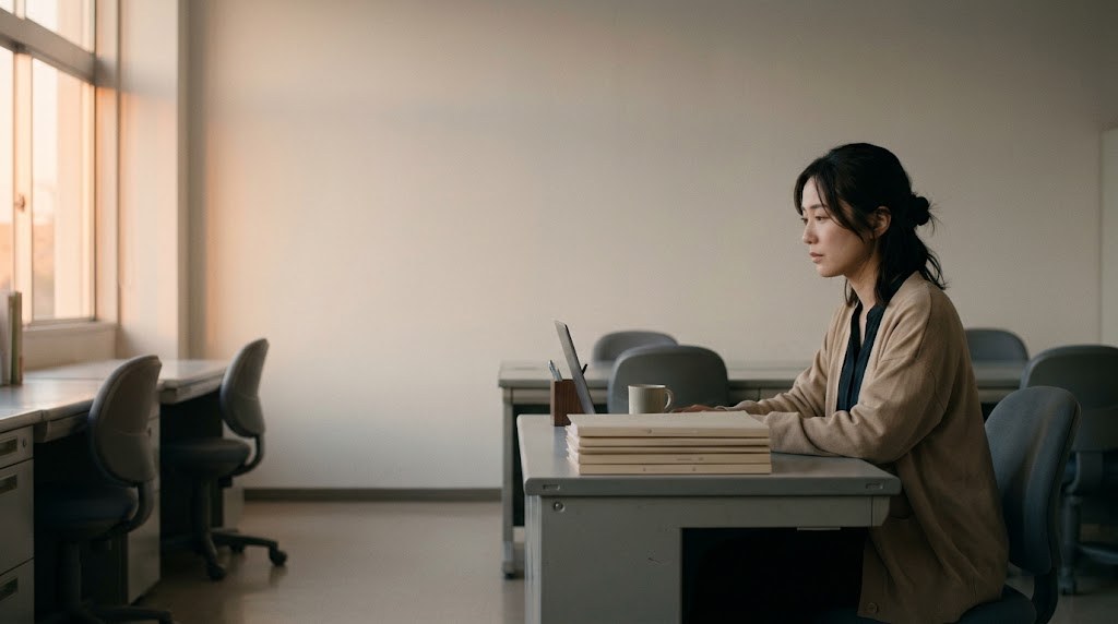 教員2年目で辞めたいと感じ、夕方の職員室で一人パソコンに向かう20代の先生（イメージ）