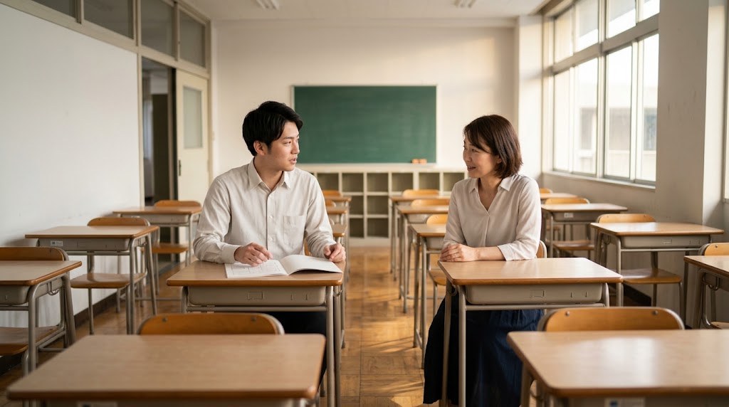 教員2年目で辞めたいと悩み、放課後の空き教室で先輩の先生に担当の相談をする若い先生（イメージ）
