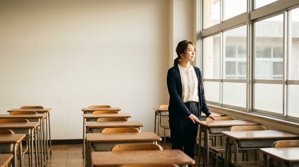 教員3年目で辞めたいと感じ、放課後の教室の窓辺で来年度のことを考える20代の先生（イメージ）