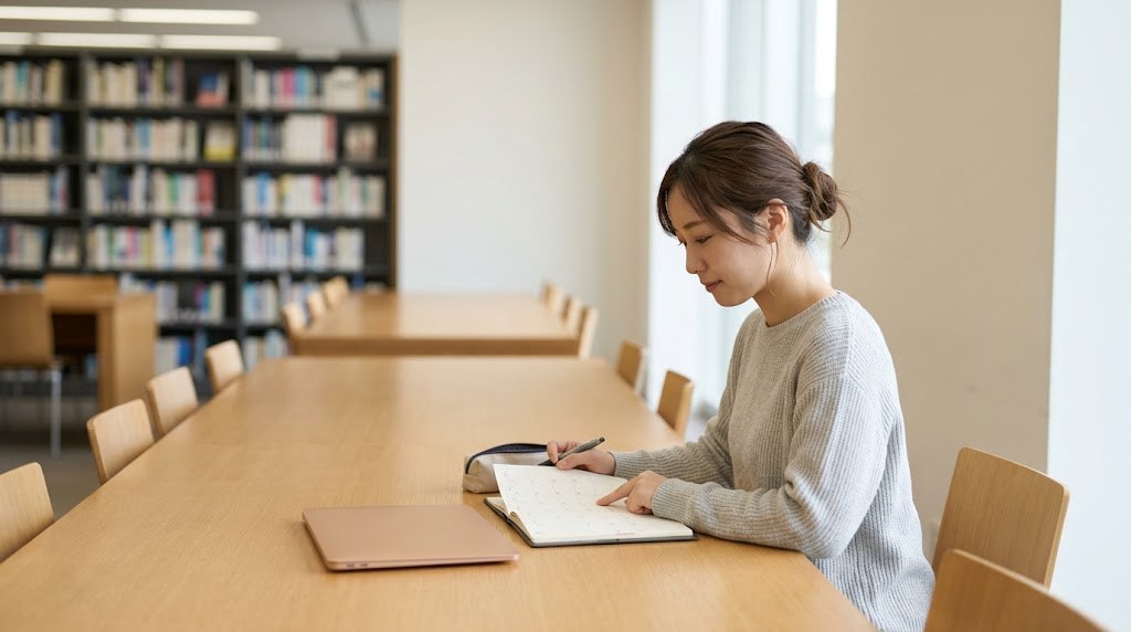 3年目の教員が転職を考え、休日の図書館の席で手帳を開いて年度末までの予定を確かめる様子（イメージ）