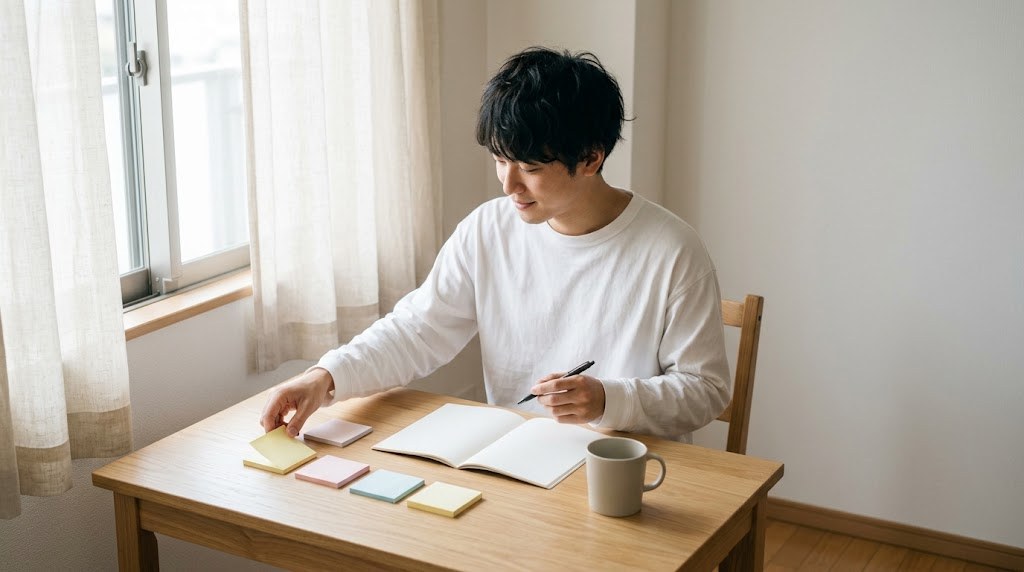 教員の3年目に辞めたい気持ちを整理するため、自宅の机で付箋を3つの山に分けて書き出す先生（イメージ）