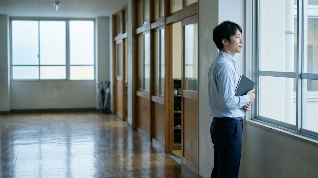 教員5年目で転職を考えはじめ、朝の校舎の廊下で窓の外を見ながら立ち止まる20代後半の先生（イメージ）