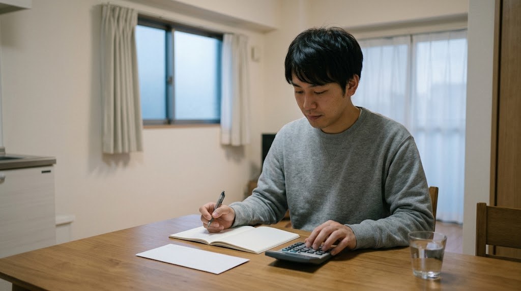 5年目の教員が転職の前に、自宅の食卓で電卓と家計のノートを使い退職後の生活費を数える様子（イメージ）
