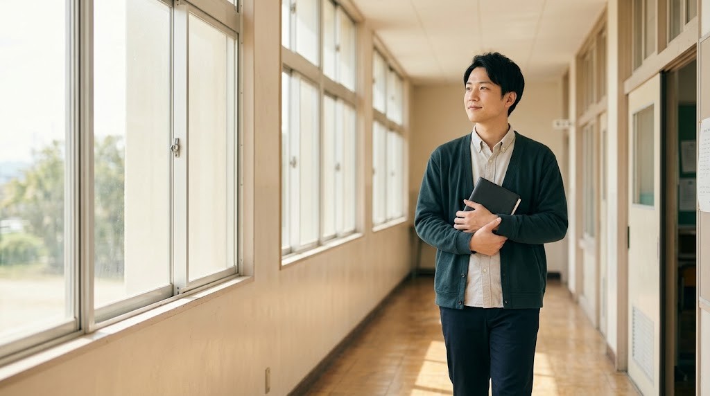 教員のキャリアプランを考え始めた若い先生が、手帳を手に学校の廊下で窓の外を見つめる場面（イメージ）