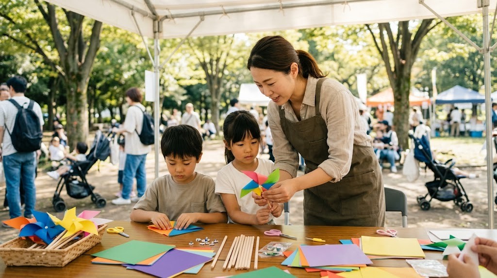 教員のキャリアプランの一つとして、学校に勤めながら休日に地域のイベントで子どもと工作をする先生の場面（イメージ）