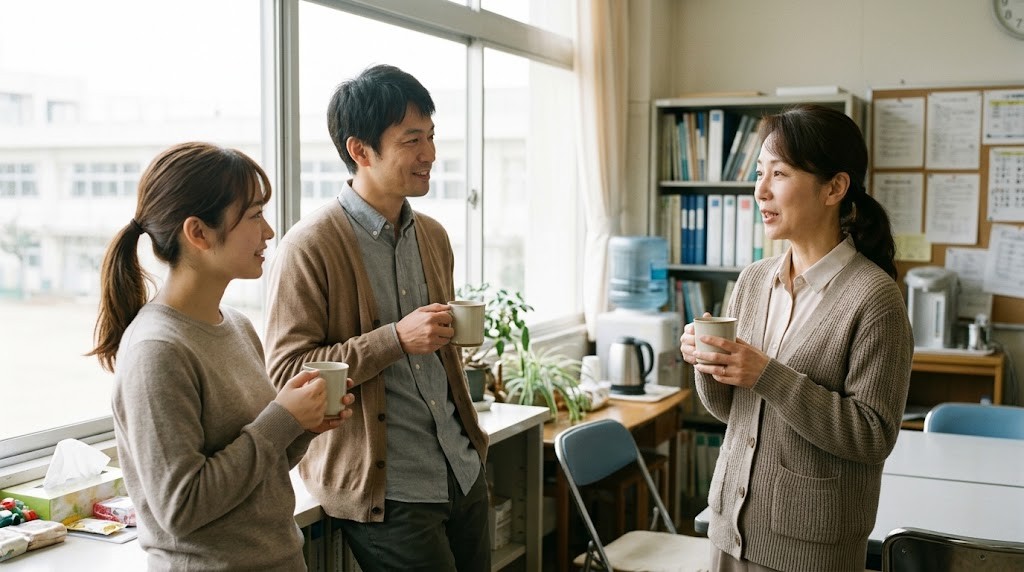 教員のキャリアプランを年代別に考える手がかりとして、20代・30代・40代の先生が休憩室で語り合う場面（イメージ）