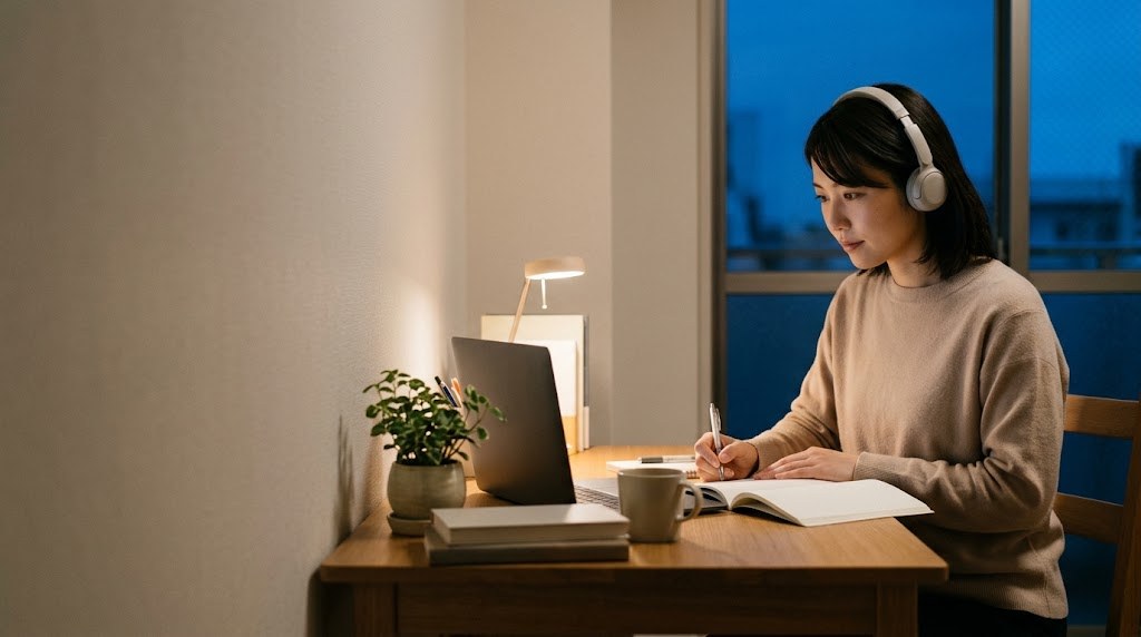 教員が働きながら大学院に通うイメージ。夜の自宅でオンライン授業を受け、ノートにまとめる20代の先生(イメージ)