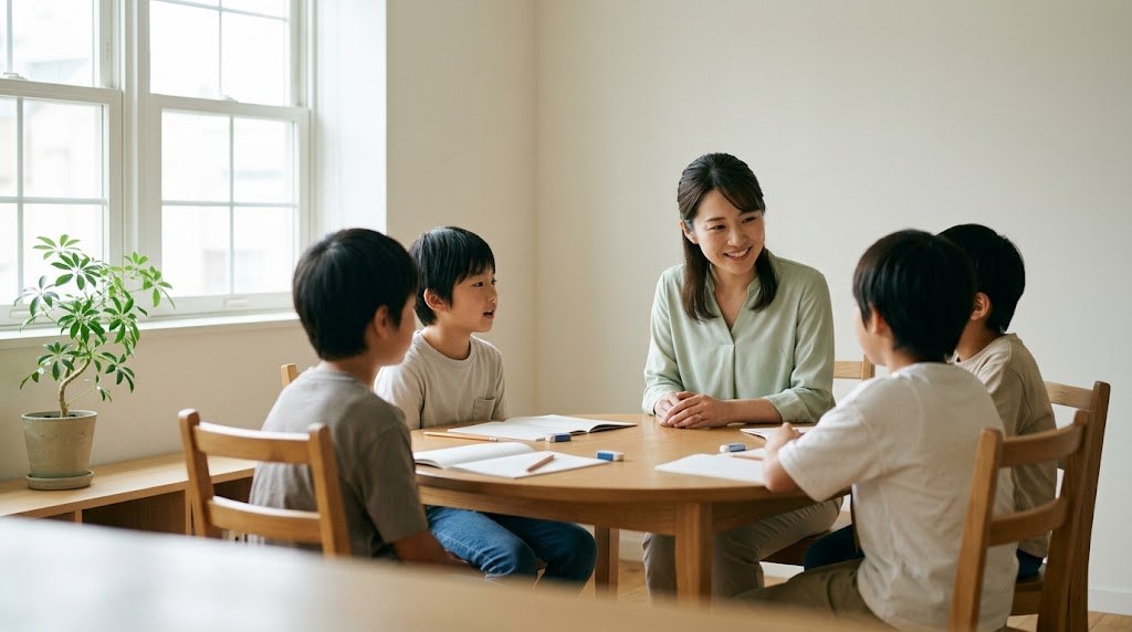 教員の大学院での学び直しを生かし、明るい部屋で少人数の子どもたちと対話する先生(イメージ)