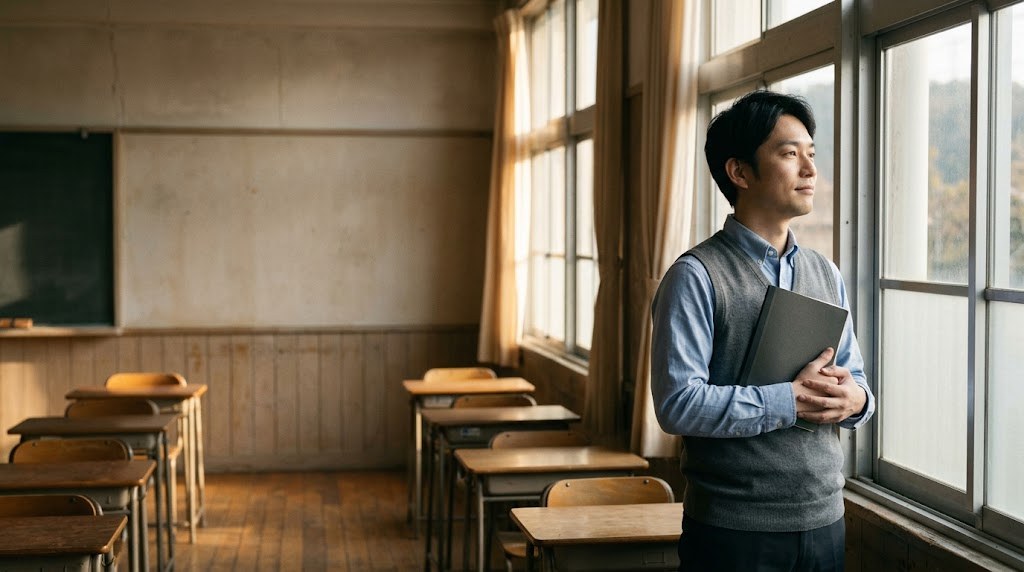 教員の大学院進学を考える30代の先生が、放課後の教室の窓辺で学び直しの目的を考える様子(イメージ)