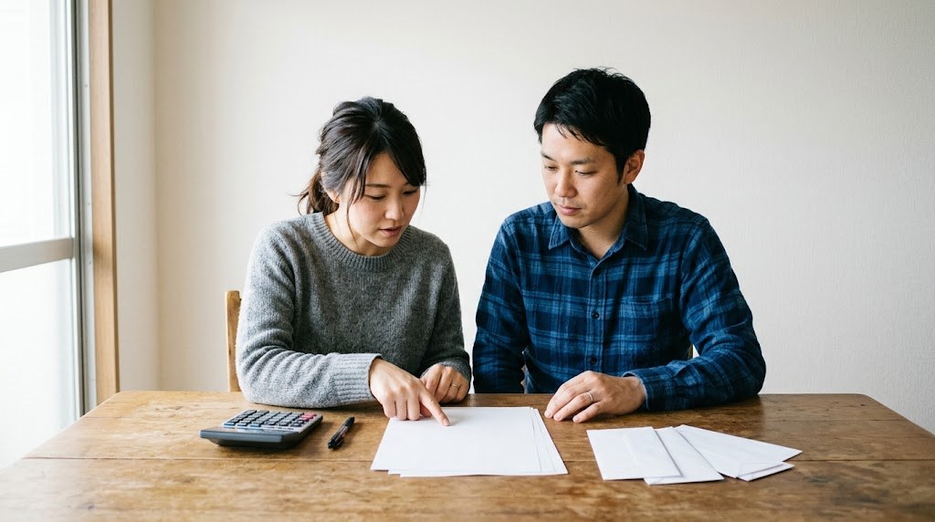 教員の独立開業に向けて、開業届や健康保険・年金の書類と電卓を机に並べ、お金を計算する場面(イメージ)